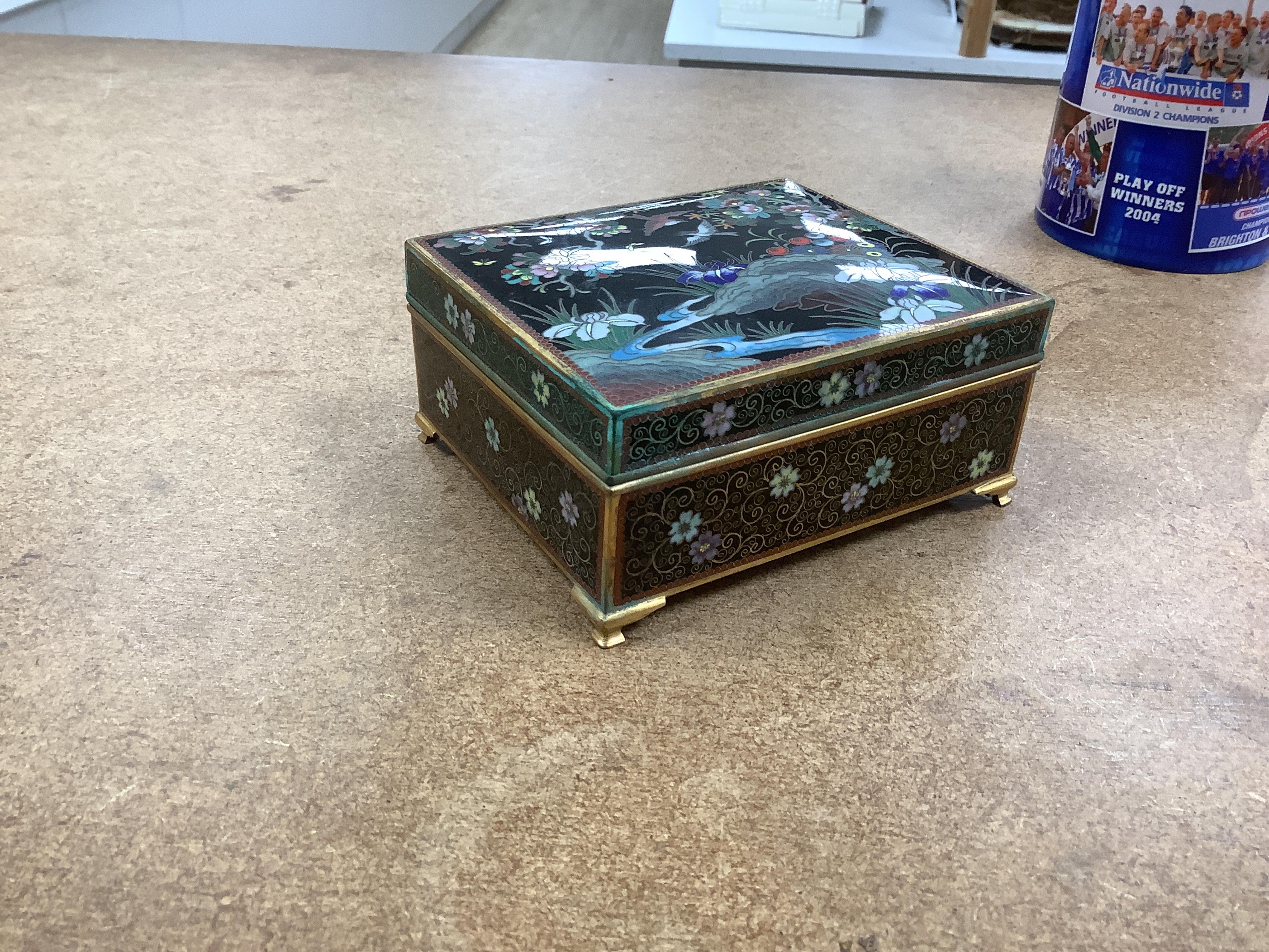 A Japanese cloisonné enamel cigarette box, early 20th century, a leather cased 1930's camera, a pair of enamelled opera glasses etc. condition - fair